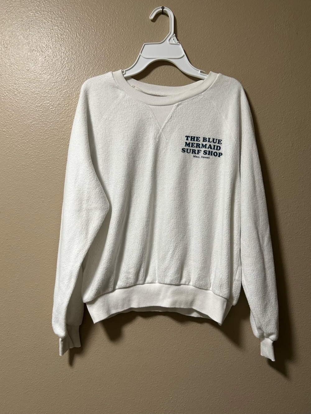 Grayson Threads Women's Blue Mermaid Surf Shop Graphic Sweatshirt White Size XS